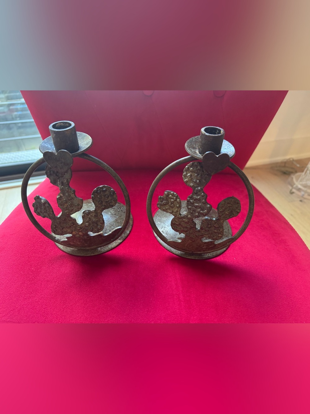 Hand-Forged Cactus Iron Candle Holders in Rust Brown - Set of 2